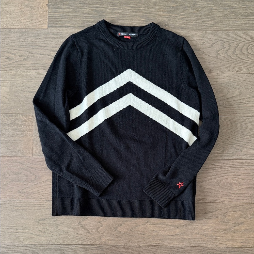 Perfect Moment Black Crewneck Sweater with White Chevron Stripes